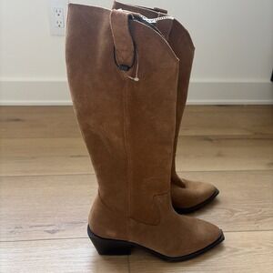 Bianco Suede Western Booties Camel Brown Women 37 US 6.5 Cowboy Boots Winter